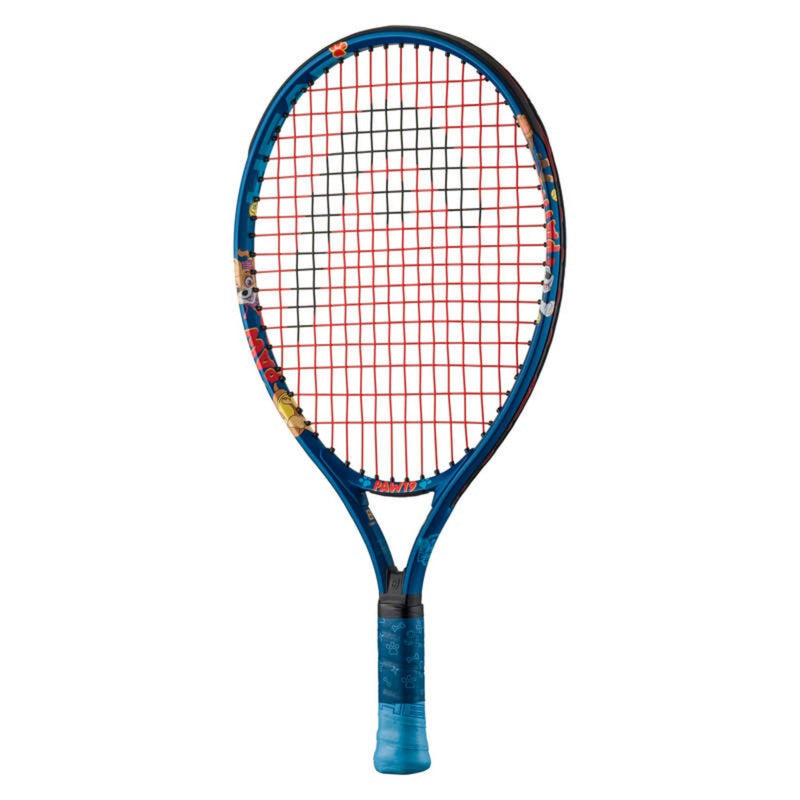 HEAD Paw 23 junior tennis racquet with blue frame, red strings, fun cartoon graphics on the hoop, and a blue grip, shown on a white background.