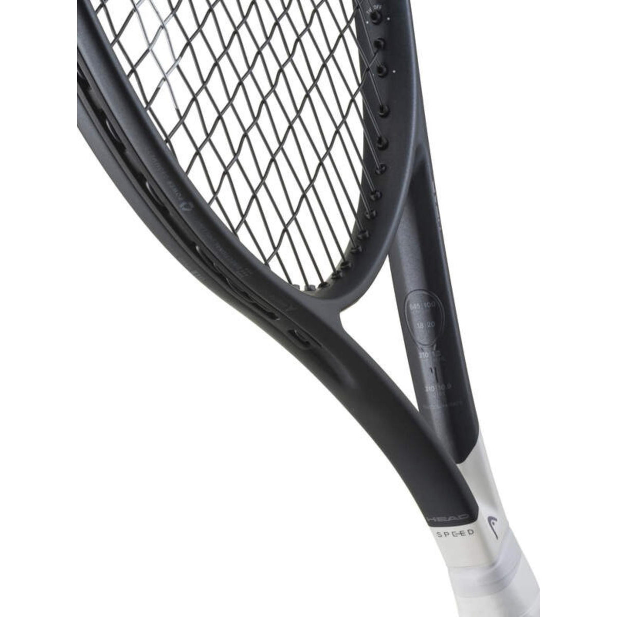 HEAD Speed tennis racquet with black frame, white grip, and white string pattern.