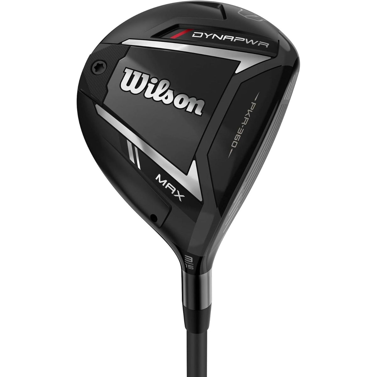 Wilson Golf DYNAPWR Max fairway wood featuring a black club head with PKR-360 technology, aerodynamic shaping, and a sleek performance design.