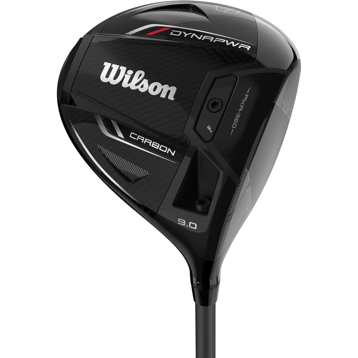 Wilson Golf DYNAPWR Carbon driver featuring a black carbon crown club head, PKR-360 technology, and a 9.0° loft for powerful distance and control.