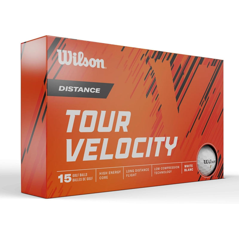 Wilson Tour Velocity Distance golf balls 15-pack in orange box packaging with a single white Wilson golf ball displayed in front.