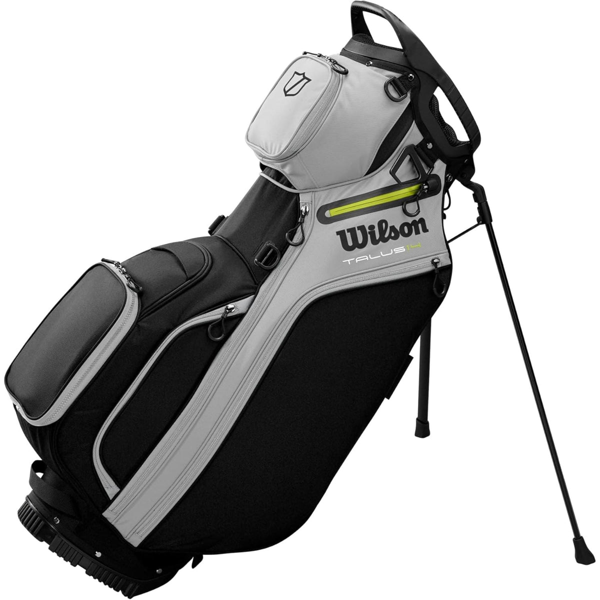 Wilson Golf Talus stand golf bag, multiple zippered pockets, built-in stand legs, and top carry handle, displayed on a white background.
