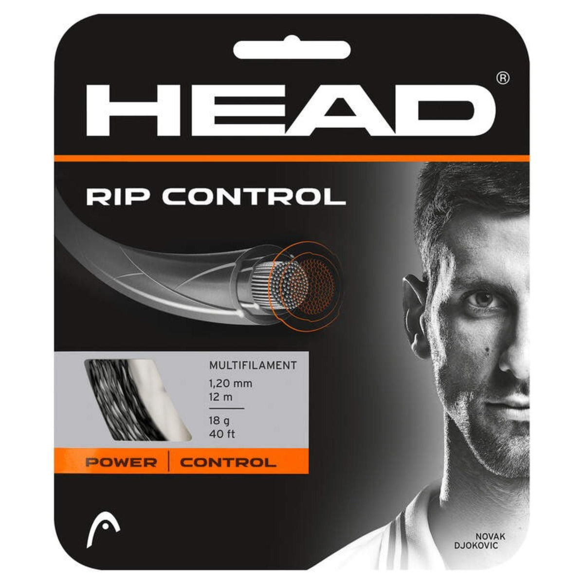 HEAD Rip Control multifilament tennis string set, 1.20 mm 12 m (17 g), black, Power and Control, Novak Djokovic packaging.
