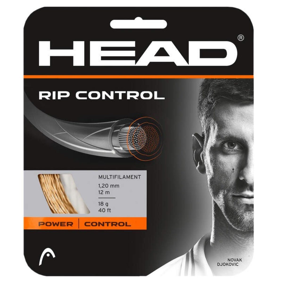 HEAD Rip Control multifilament tennis string set, 1.20 mm 12 m (17 g), natural color, Power and Control, Novak Djokovic packaging.