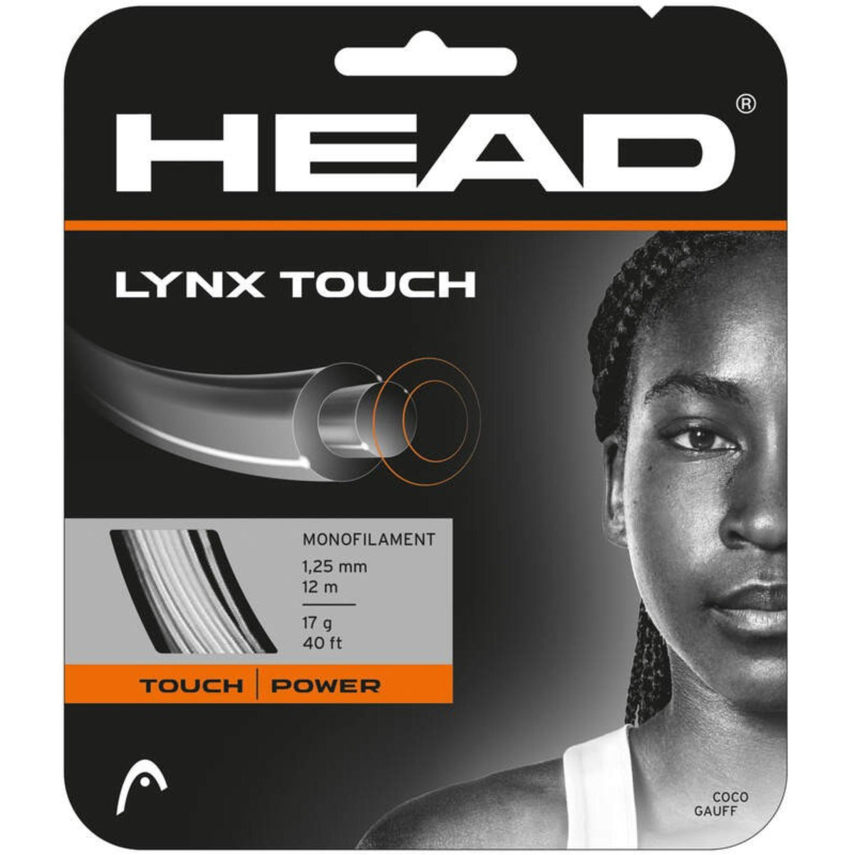 HEAD Lynx Touch monofilament tennis string set, 1.25 mm gauge (12 m / 40 ft), designed for touch and power, featuring Coco Gauff on the packaging.