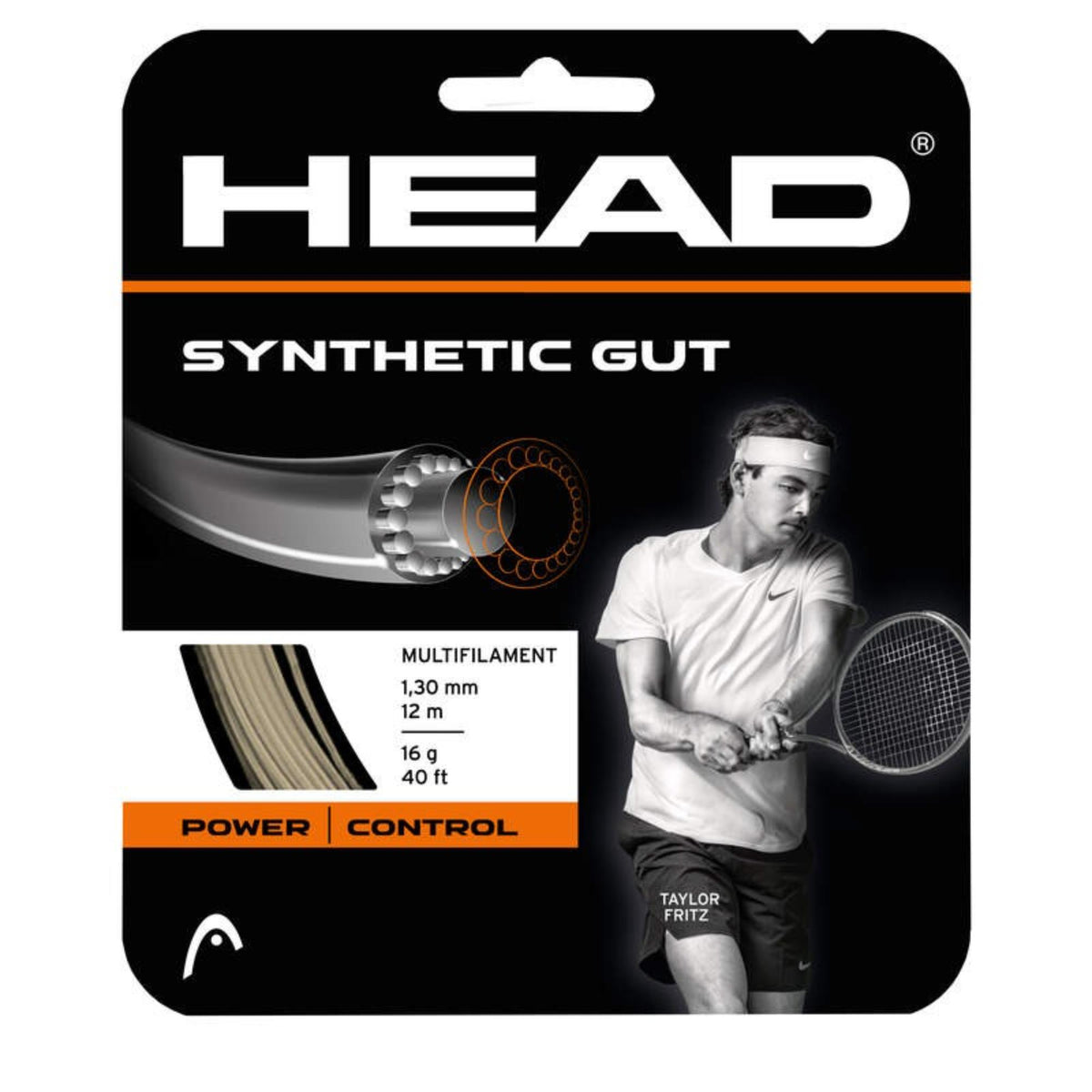 HEAD Synthetic Gut multifilament tennis string set, 1.30 mm, 12 m (40 ft), 16 g, power and control, featuring Taylor Fritz