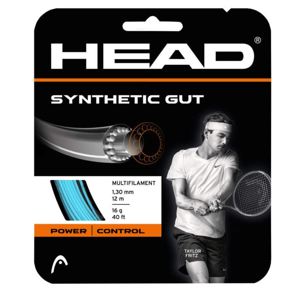 HEAD Synthetic Gut multifilament tennis string set, 1.30 mm, 12 m (40 ft), 16 g, power and control, featuring Taylor Fritz