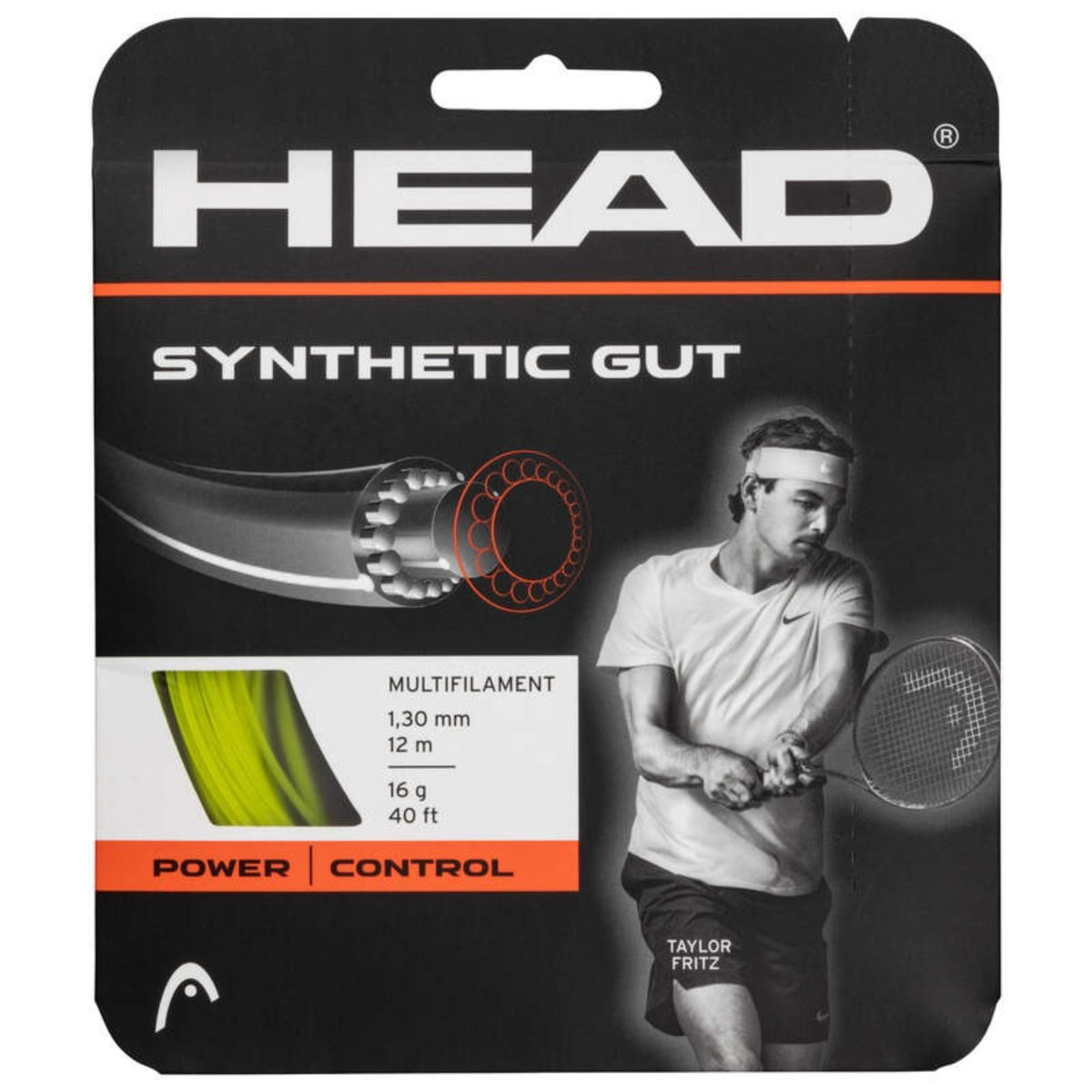 HEAD Synthetic Gut multifilament tennis string set, 1.30 mm, 12 m (40 ft), 16 g, power and control, featuring Taylor Fritz