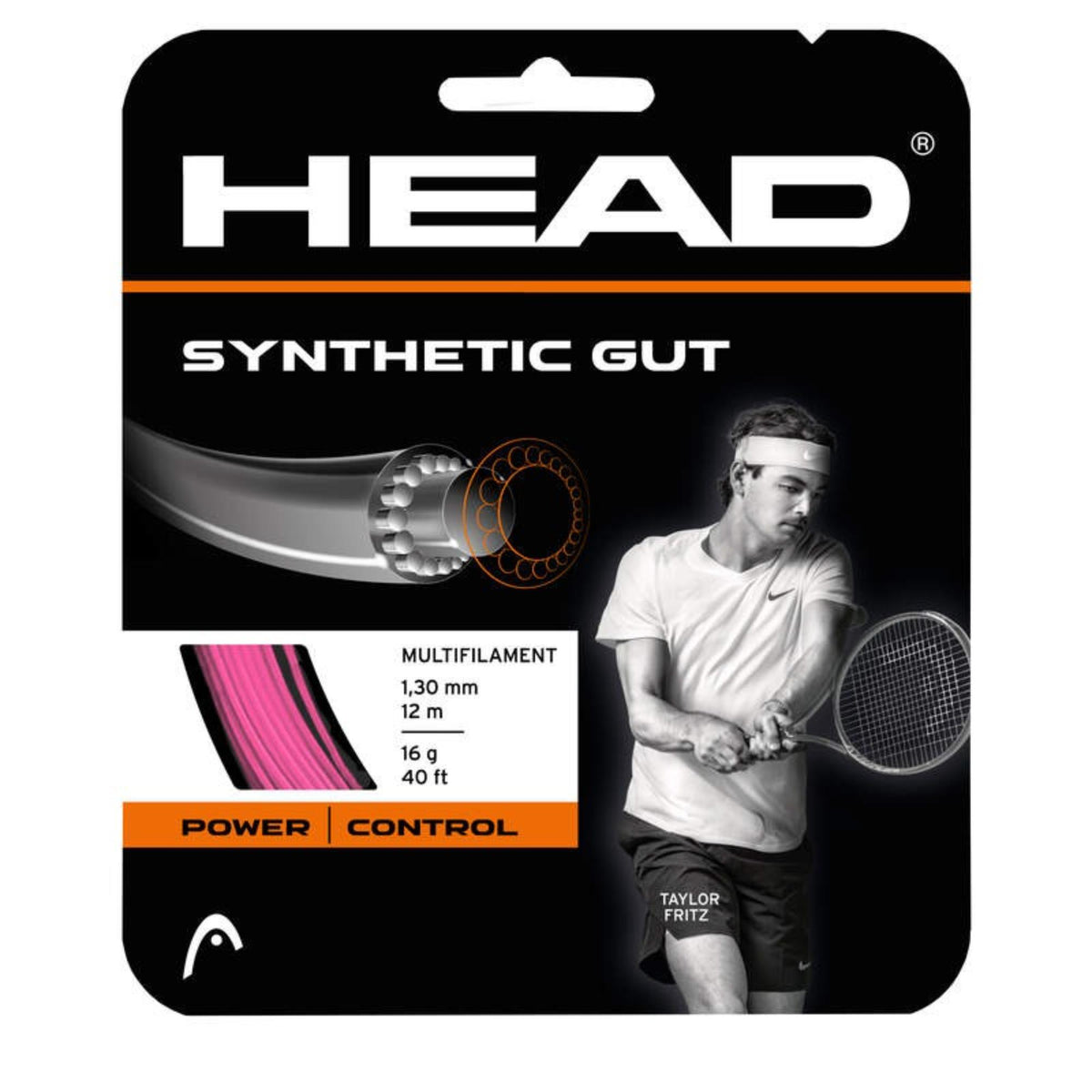 HEAD Synthetic Gut multifilament tennis string set, 1.30 mm, 12 m (40 ft), 16 g, power and control, featuring Taylor Fritz