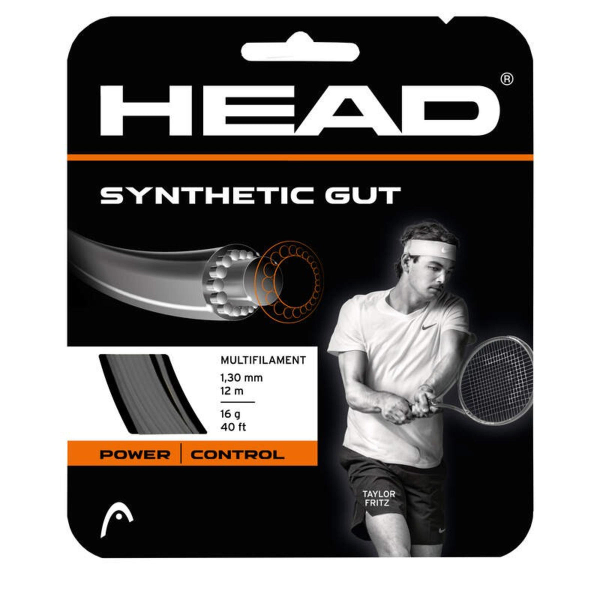 HEAD Synthetic Gut multifilament tennis string set, 1.30 mm, 12 m (40 ft), 16 g, power and control, featuring Taylor Fritz