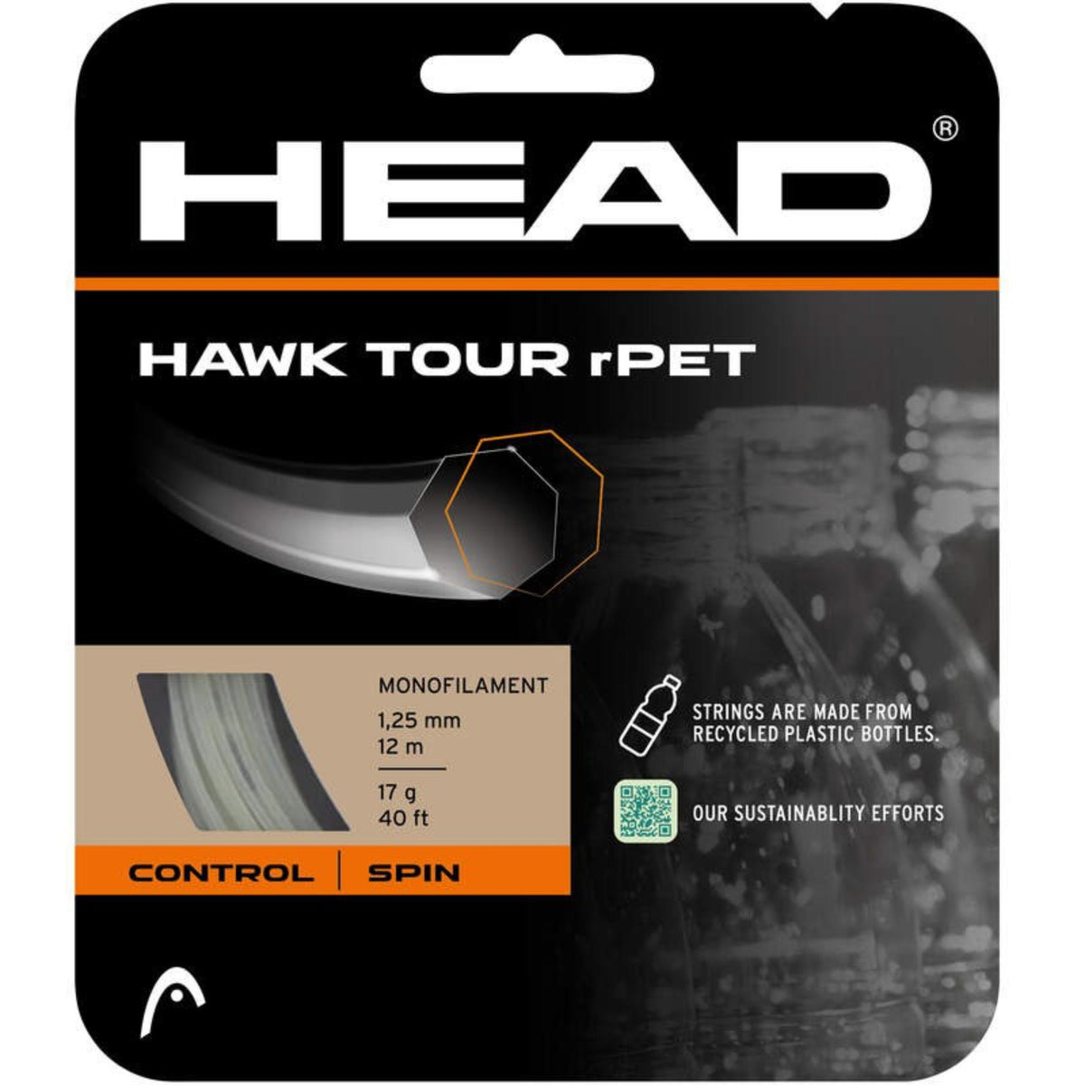HEAD Hawk Tour rPET monofilament tennis string, 1.25 mm, 12 m (40 ft), 17 g, control and spin, made from recycled plastic bottles.