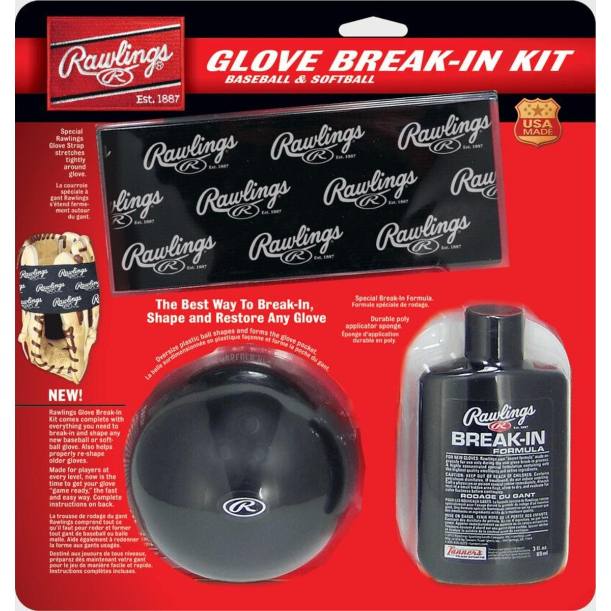 Rawlings Glove Break-In Kit for baseball and softball, featuring a glove wrap strap, break-in formula bottle, and pocket-forming ball designed to help shape, soften, and speed up the break-in process for new gloves. ⚾