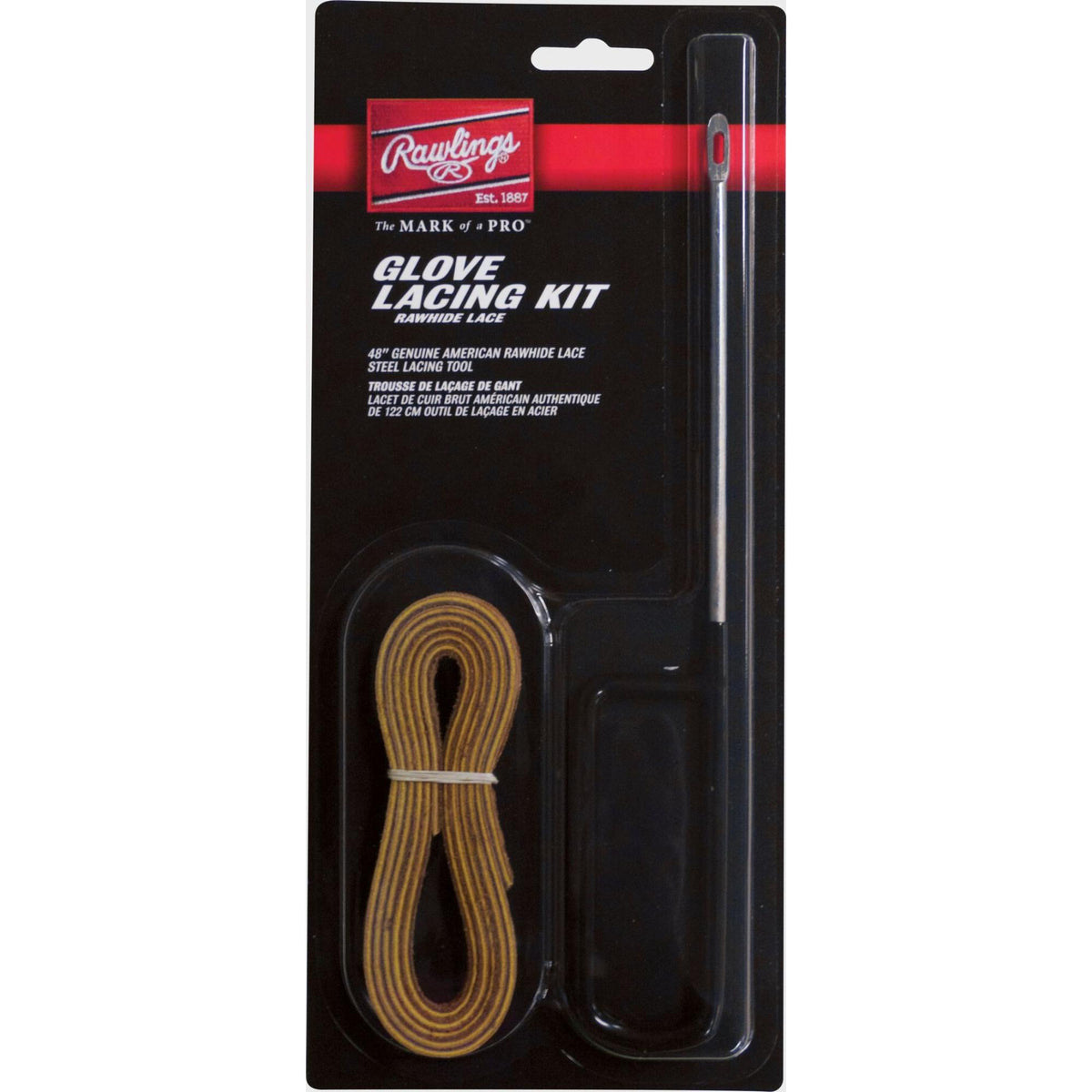 Rawlings Glove Lacing Kit in retail packaging, featuring a 48-inch genuine American rawhide lace and a steel lacing tool used to repair or replace laces on baseball and softball gloves. ⚾