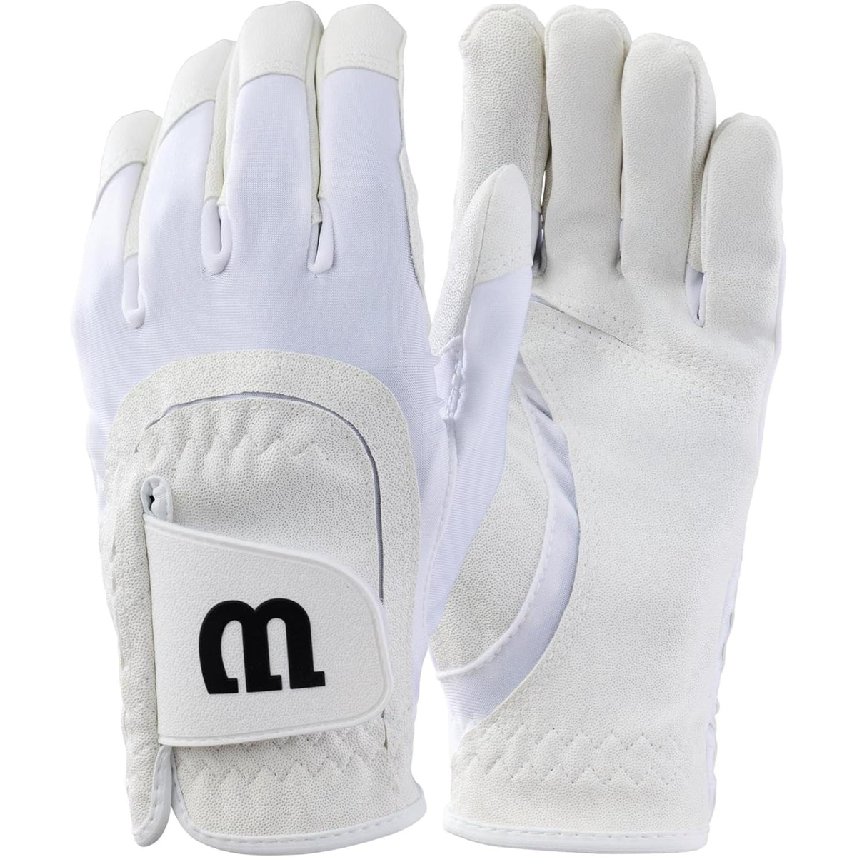 Wilson Golf junior golf glove in white with breathable fabric back, textured palm grip, and adjustable wrist closure featuring the Wilson “W” logo, shown front and back on a white background.