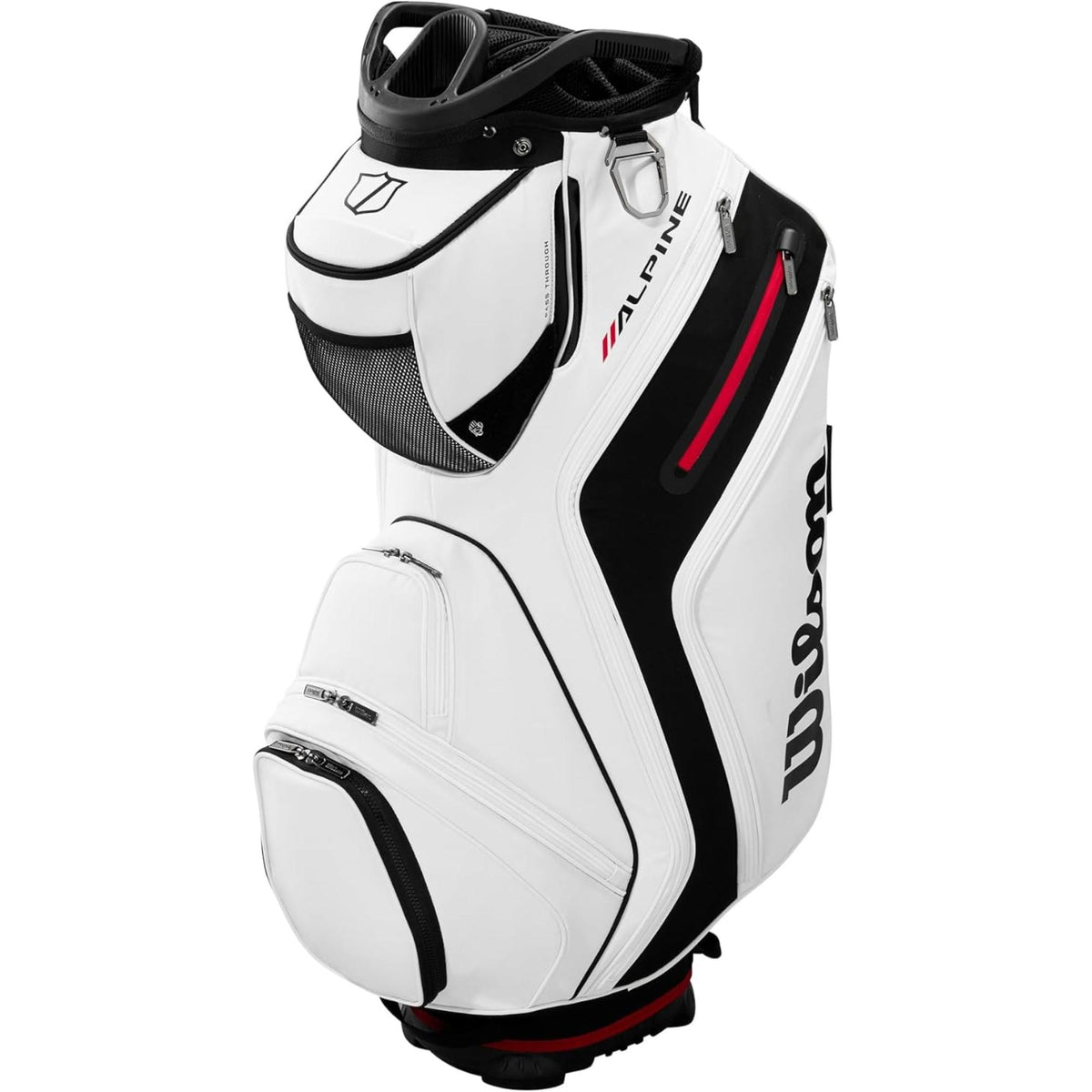 Wilson Golf Alpine cart bag with multiple zippered storage pockets, top club dividers, and integrated carry handles, displayed on a white background.