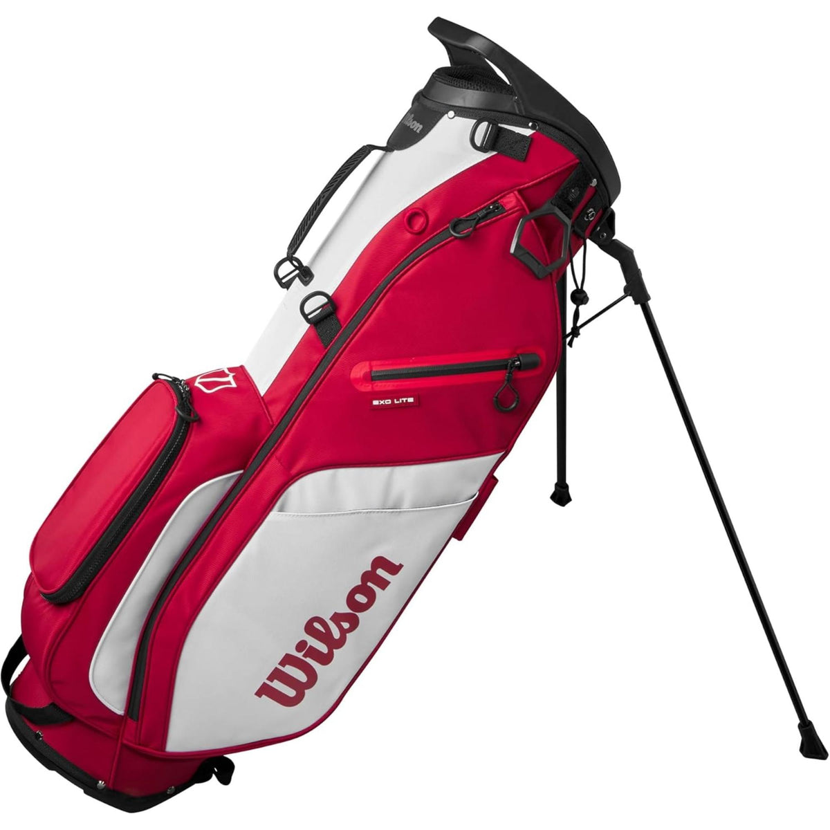 Wilson EXO Lite stand golf bag with lightweight carry design, 4-way top divider, dual padded shoulder straps, and multiple storage pockets for organized, comfortable carrying on the course.