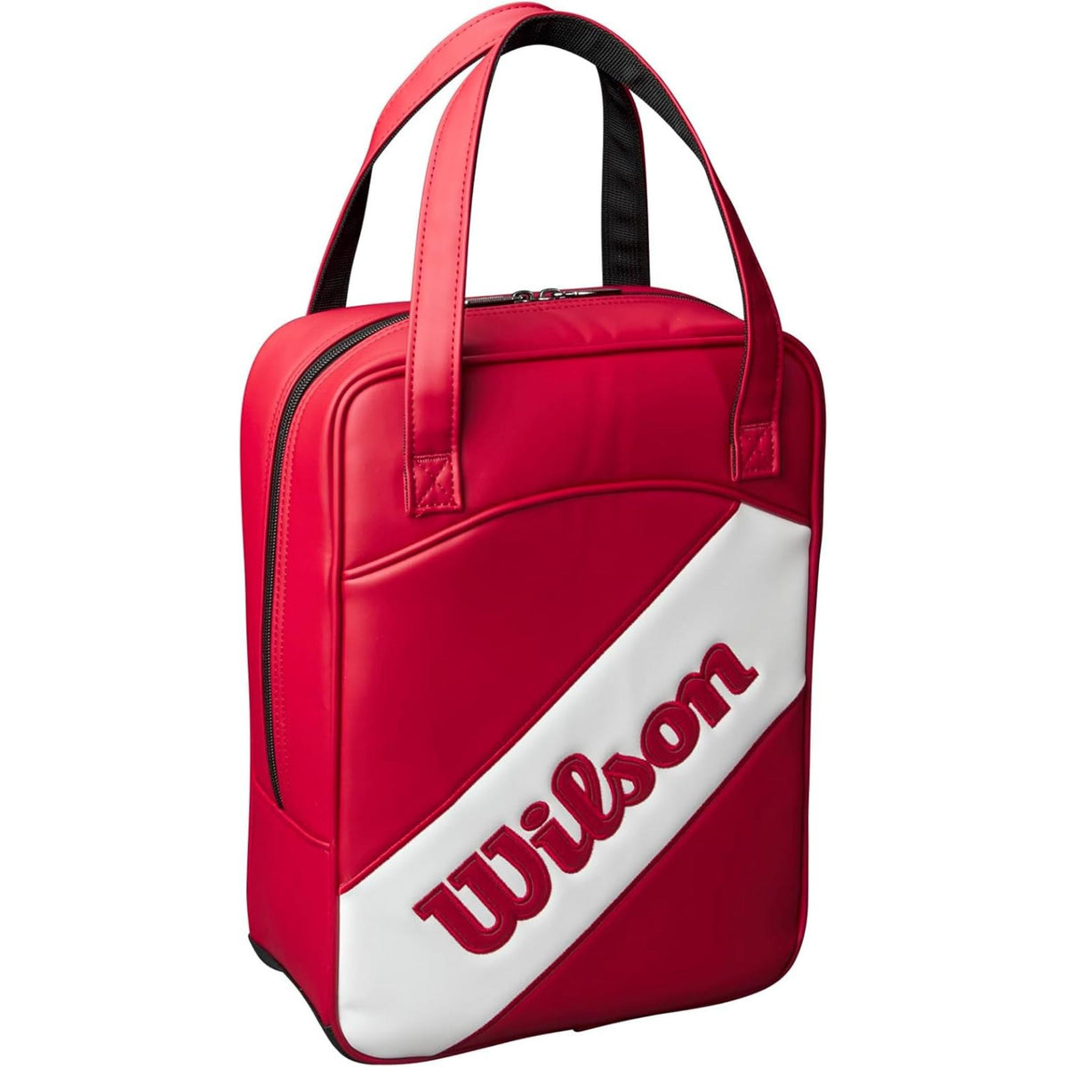 Wilson Golf practice bag in red and white with large Wilson logo, dual carry handles, and zippered closure, designed for storing golf balls and accessories.