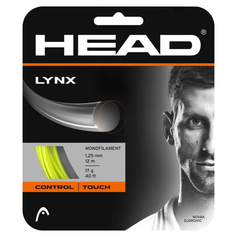 HEAD Lynx monofilament tennis string set, 1.25 mm 12 m (17 g/40 ft), neon yellow color, Control | Touch, packaging featuring Novak Djokovic.