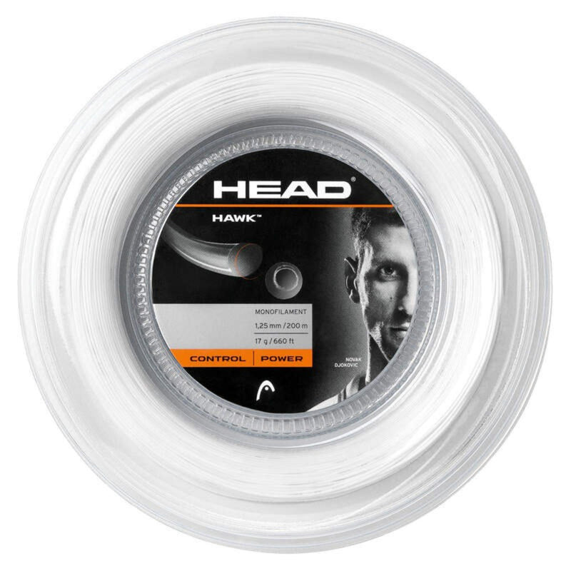 Alt text: HEAD Hawk tennis string reel in clear, monofilament 1.25 mm / 200 m (17 g / 660 ft), labeled Control | Power, featuring Novak Djokovic on the center label.