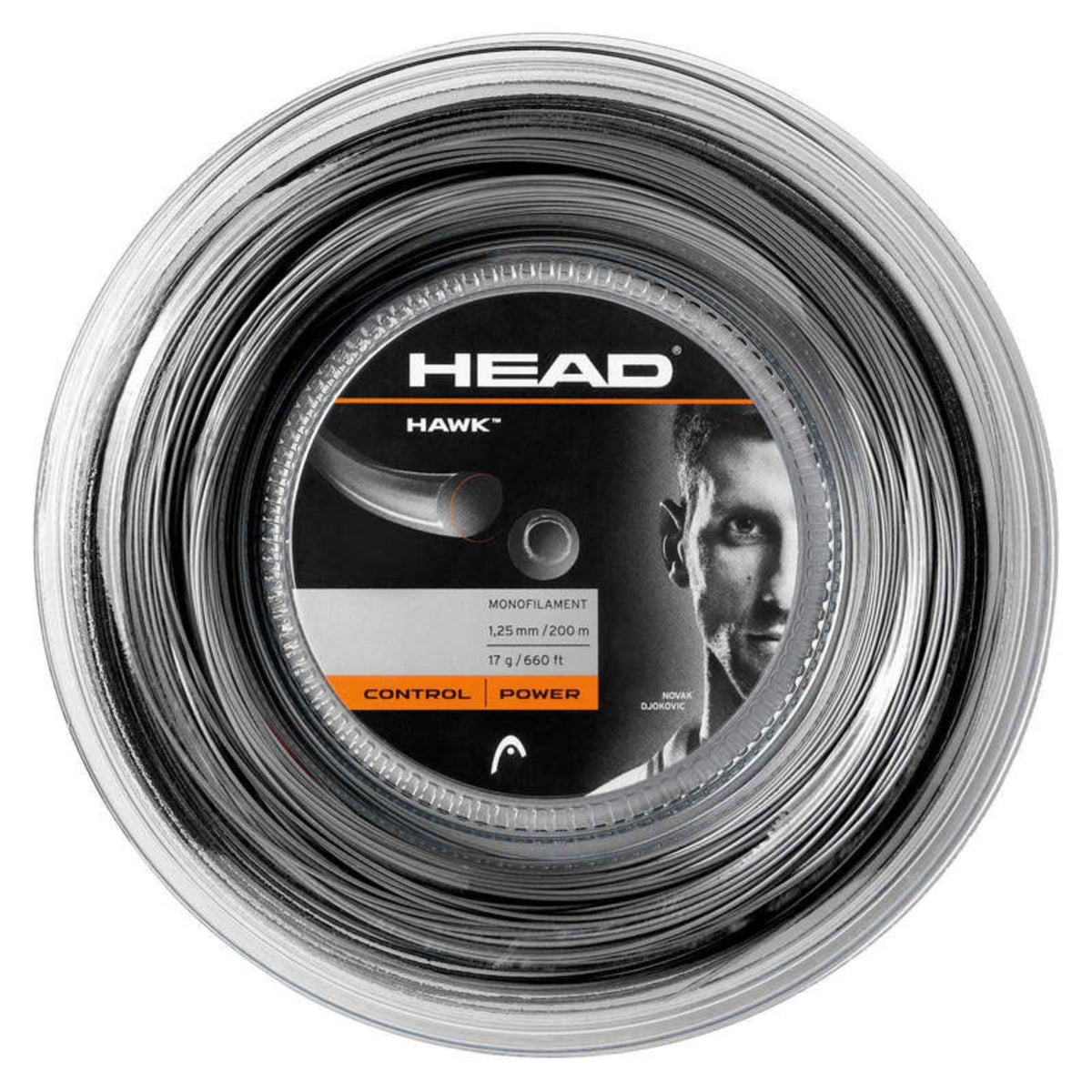 Alt text: HEAD Hawk tennis string reel in black, monofilament 1.25 mm / 200 m (17 g / 660 ft), labeled Control | Power, featuring Novak Djokovic on the center label.
