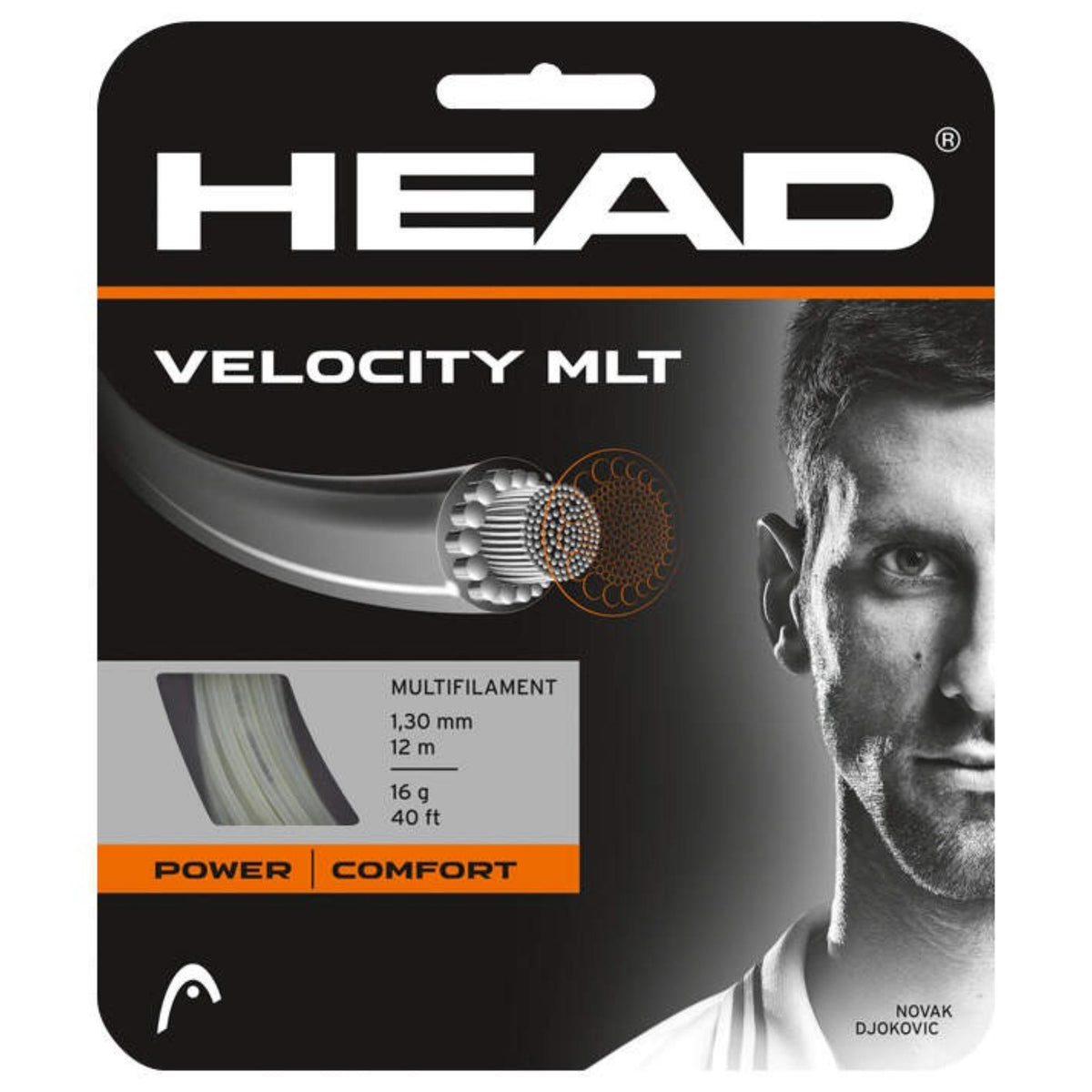 HEAD Velocity MLT multifilament tennis string 1.30 mm 12 m 16 g natural with Novak Djokovic, Power Comfort