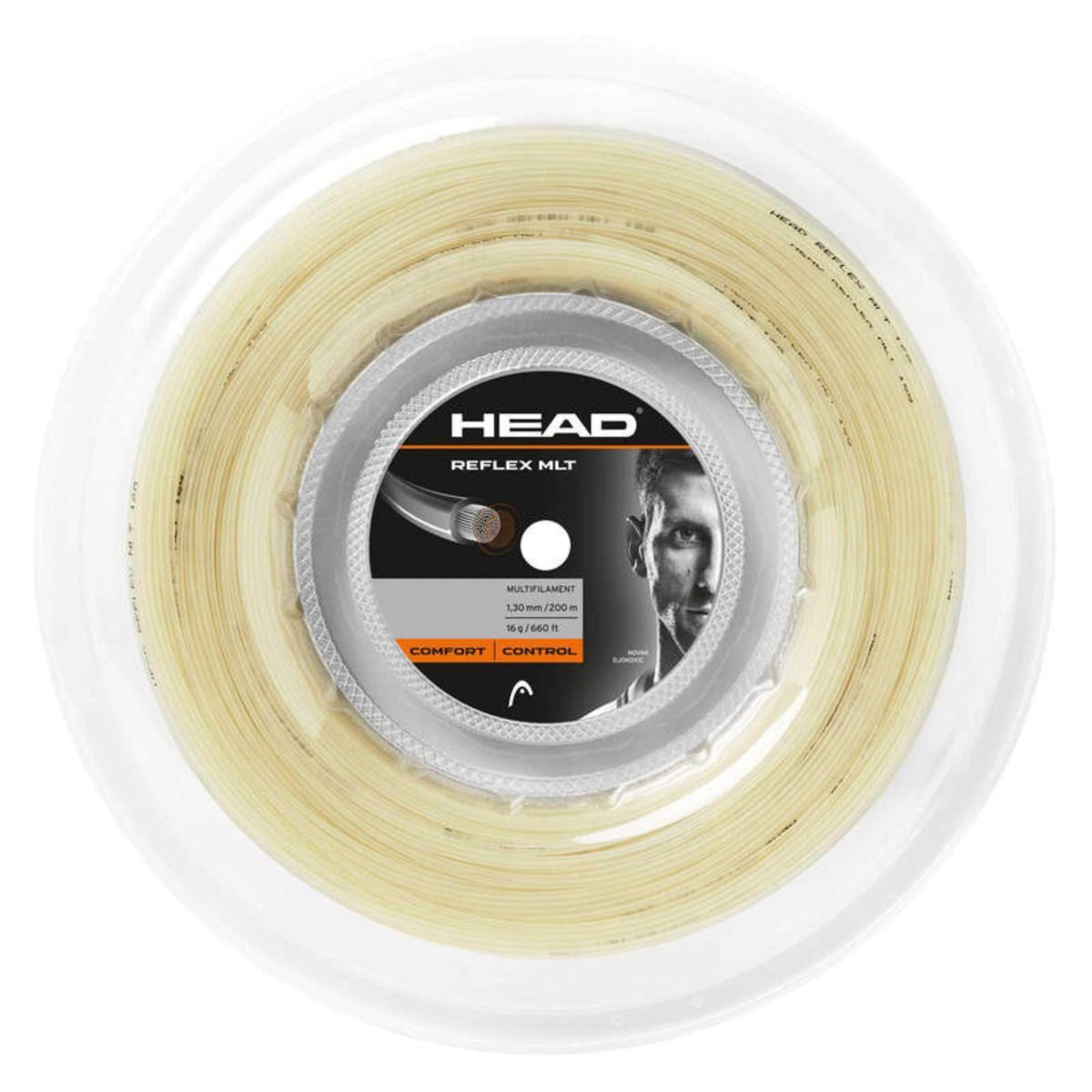 HEAD Reflex MLT tennis string reel in natural color, multifilament 1.30 mm / 200 m, featuring Novak Djokovic, labeled Comfort | Control.