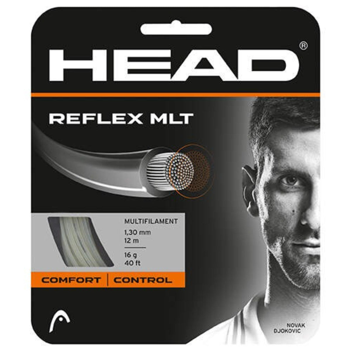 HEAD Reflex MLT multifilament tennis string, 1.30 mm, 12 m (40 ft), 16 g, designed for comfort and control, featuring Novak Djokovic.