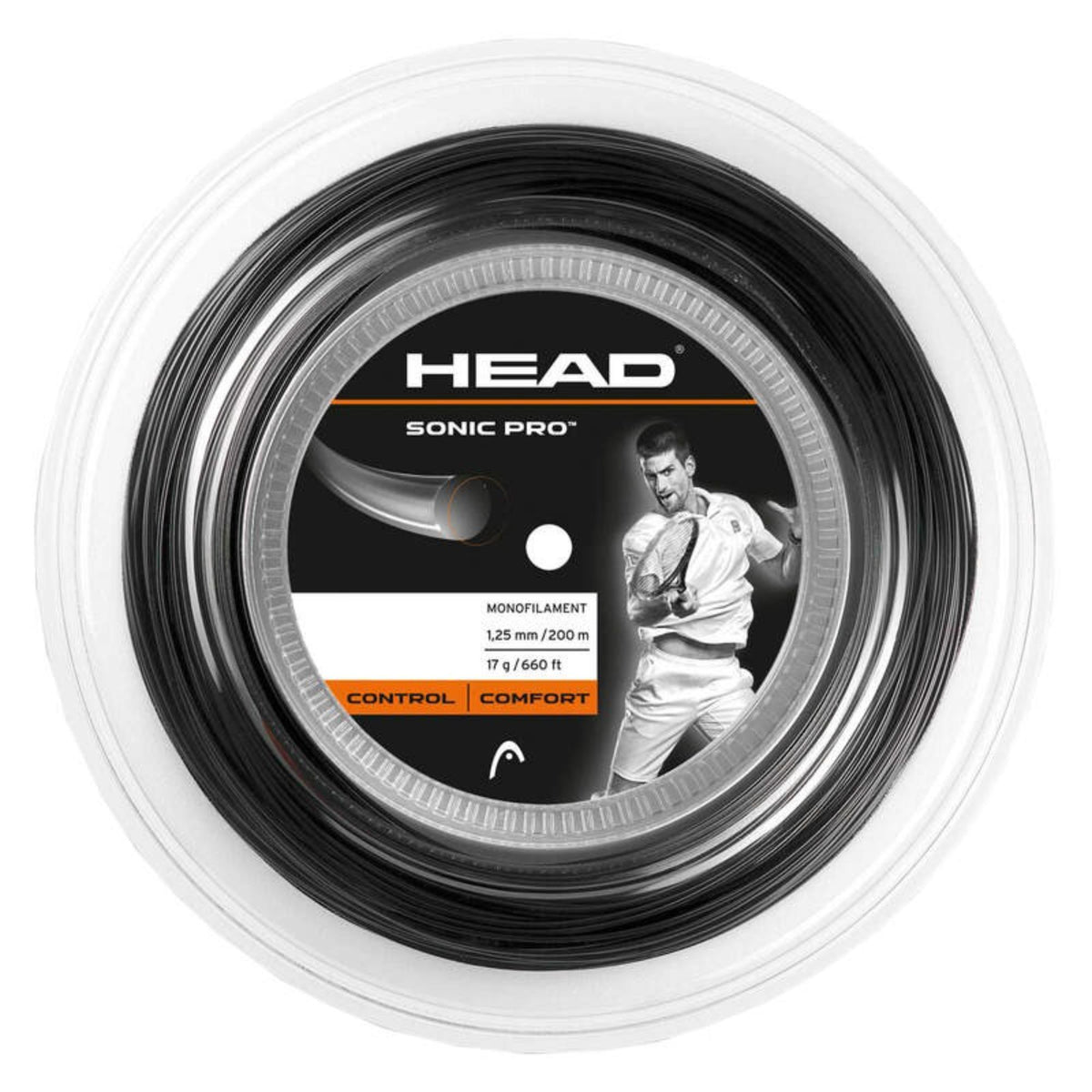 Alt text: HEAD Sonic Pro tennis string reel in black, monofilament 1.25 mm / 200 m (17 g / 660 ft), labeled Control | Comfort, featuring a tennis player in action on the center label.