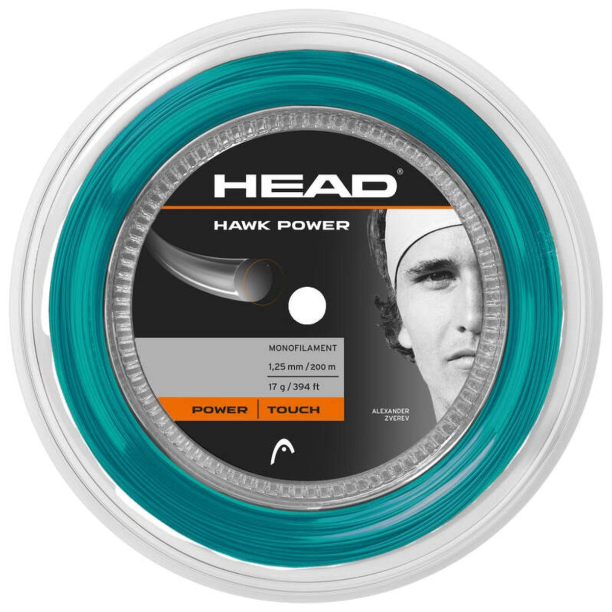 HEAD Hawk Power monofilament tennis string reel, teal, 1.25 mm, 200 m (394 ft), 17 g, Power | Touch, Alexander Zverev edition.