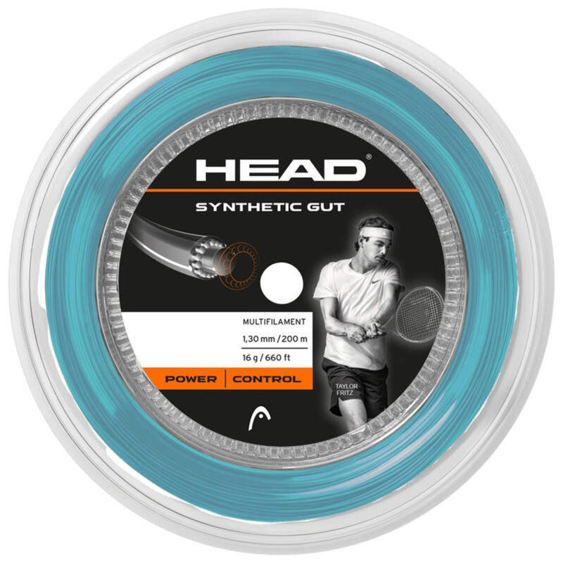 HEAD Synthetic Gut tennis string reel in teal blue, multifilament 1.30 mm / 200 m, featuring Taylor Fritz, labeled Power | Control.
