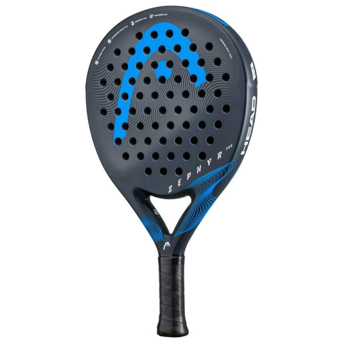 Head Zephyr Pro padel racket in matte black and blue, front view on white background.