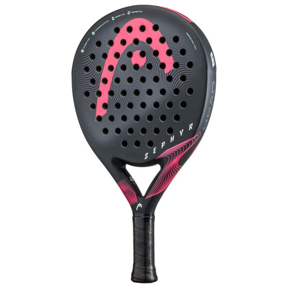 HEAD Zephyr Pro padel racket in black with pink logo and accents, front view on white background.