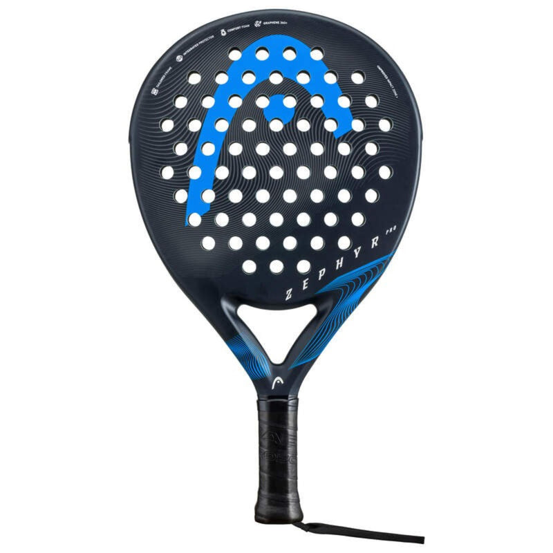 Head Zephyr Pro padel racket in matte black and blue, front view on white background.