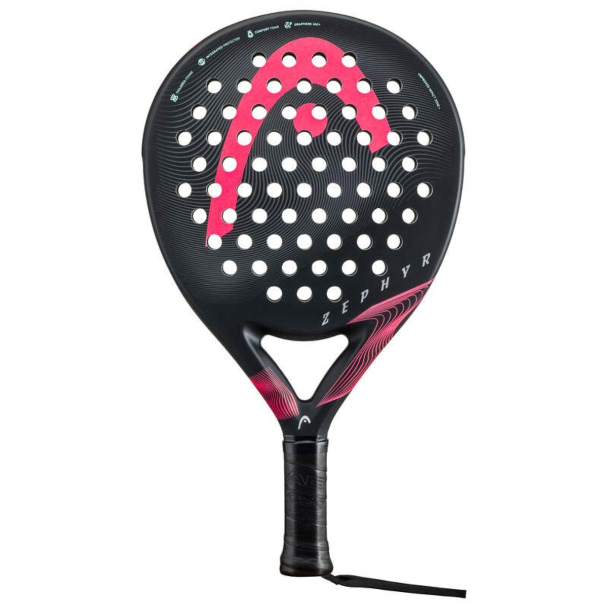 HEAD Zephyr Pro padel racket in black with pink logo and accents, front view on white background.