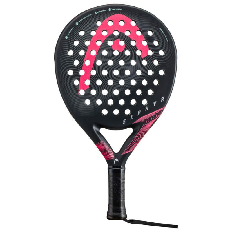 HEAD Zephyr Pro padel racket in black with pink logo and accents, front view on white background.