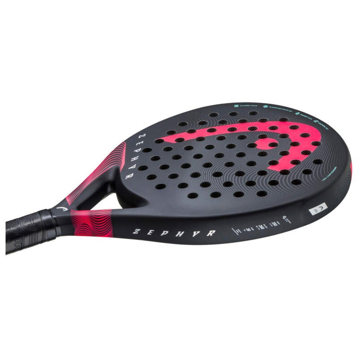 HEAD Zephyr Pro padel racket in black with pink logo and accents, front view on white background.