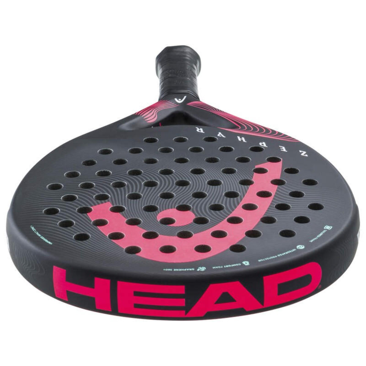 HEAD Zephyr Pro padel racket in black with pink logo and accents, front view on white background.