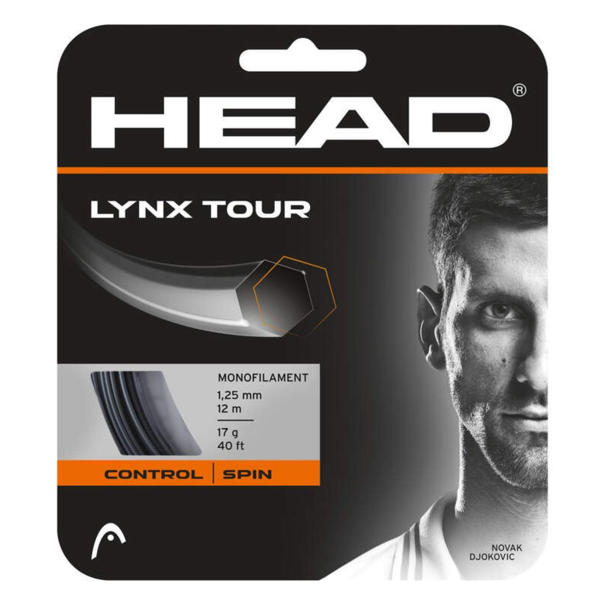 HEAD Lynx Tour monofilament tennis string, black, 1.25 mm, 12 m (40 ft), Control | Spin, Novak Djokovic edition.
