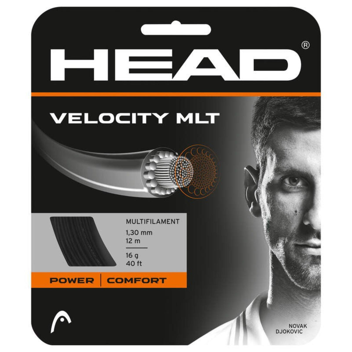 HEAD Velocity MLT multifilament tennis string, black, 1.30 mm, 12 m (40 ft), 16 g, Power | Comfort, Novak Djokovic edition.