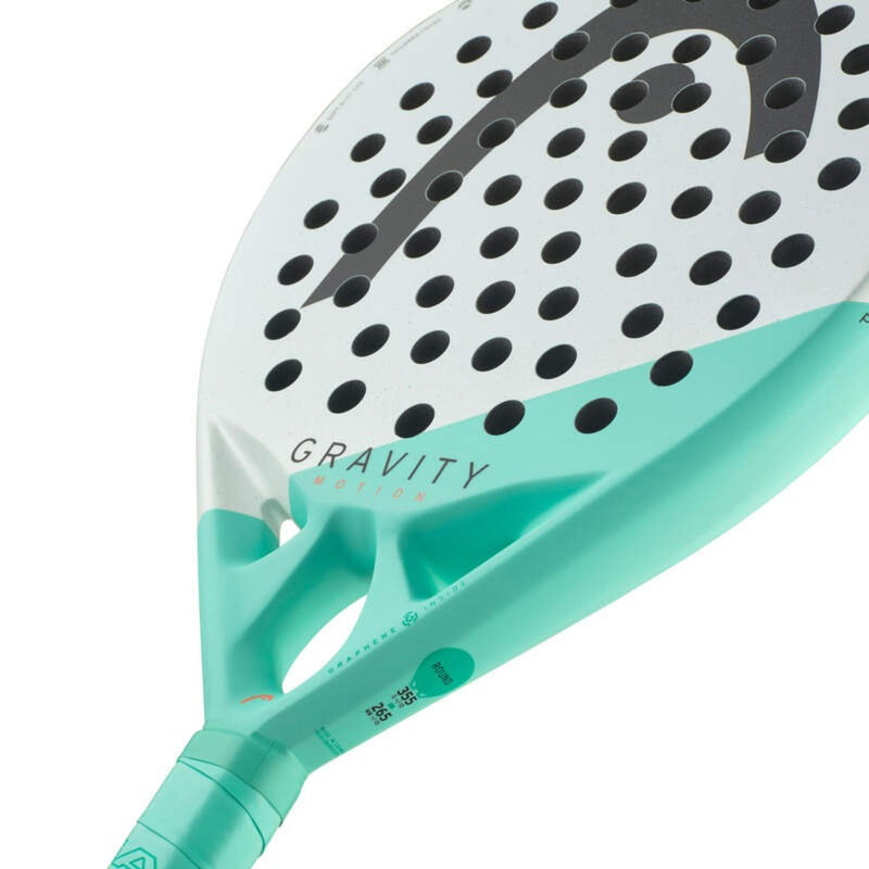 Head Gravity Pro padel racket angled view with mint green and black frame and perforated hitting surface on white background.