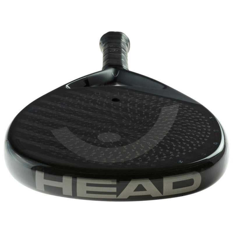 Front view of HEAD Speed One padel racket with black carbon face and large gray logo on white background.