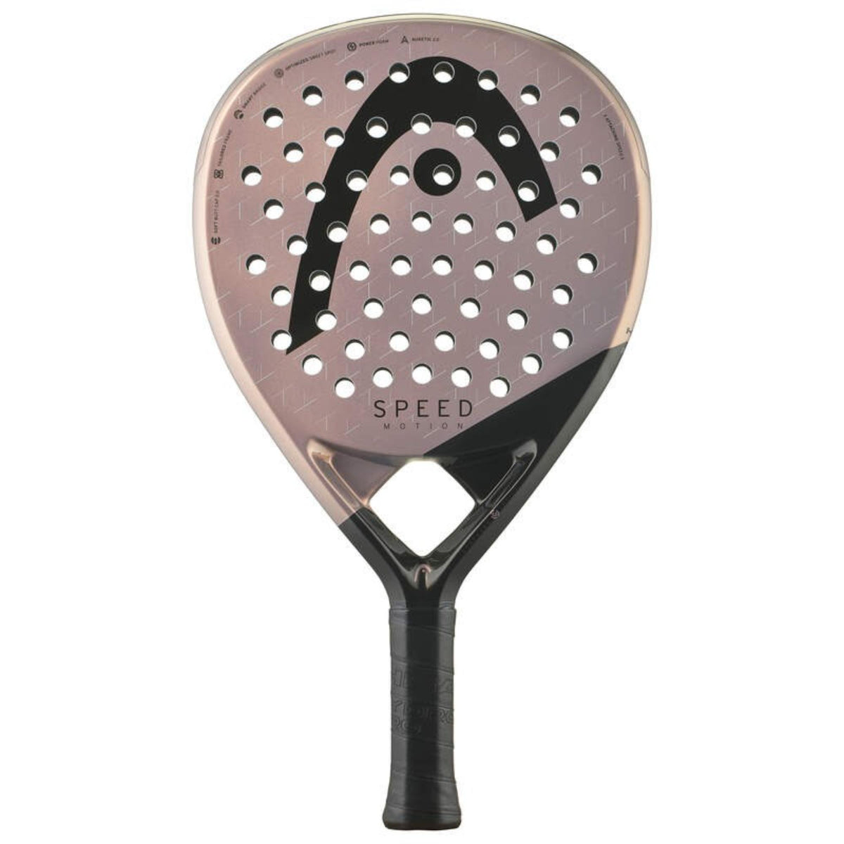 Close-up of the handle base cap of a rose-colored Head Speed padel racket with Head logo.