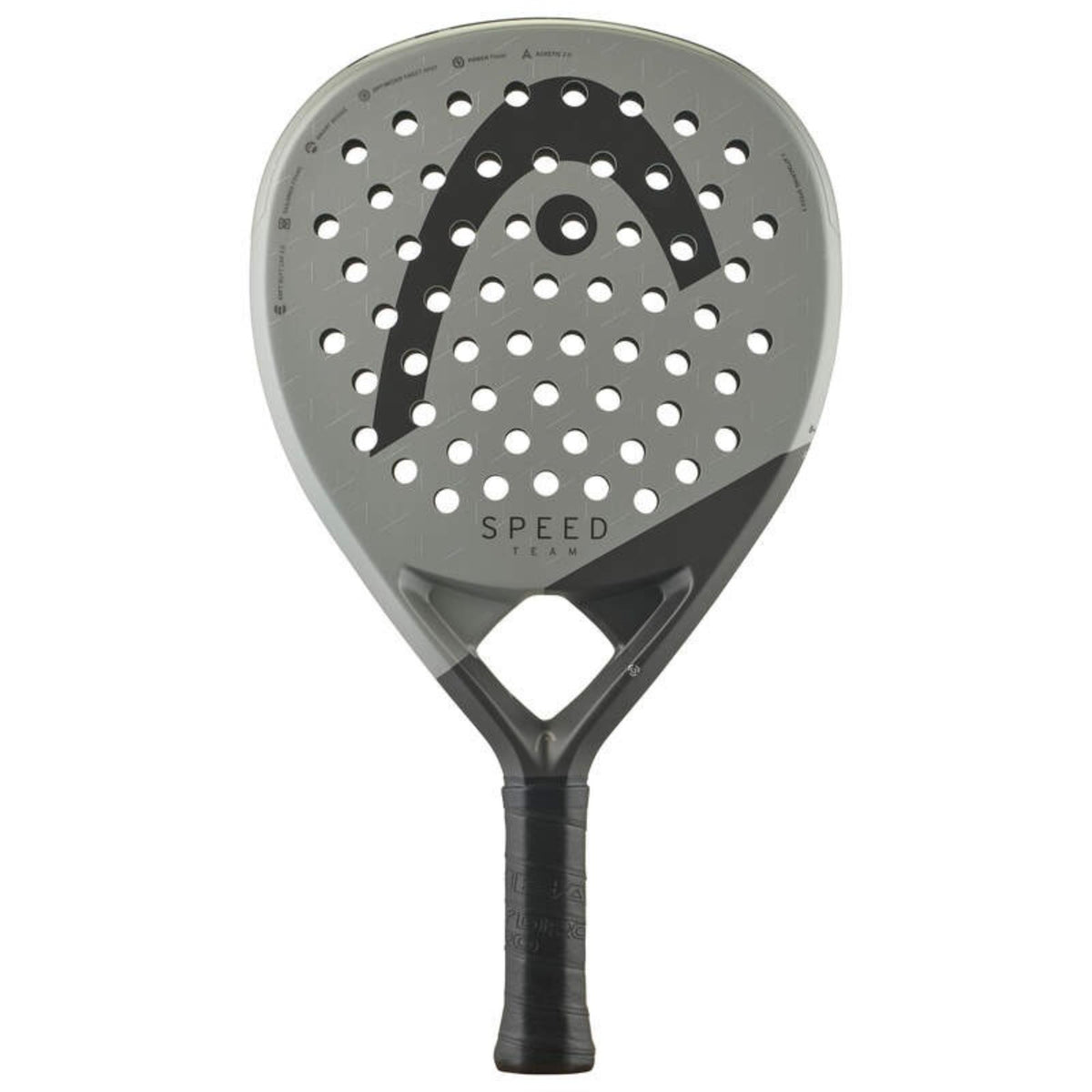 Grey HEAD Speed Team padel racket, front view on white background.