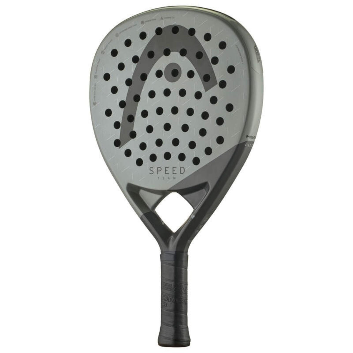 Grey HEAD Speed Team padel racket, front view on white background.