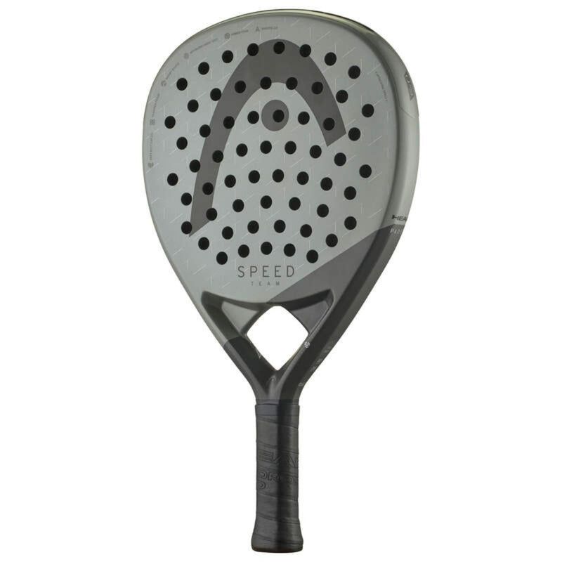 Grey HEAD Speed Team padel racket, front view on white background.