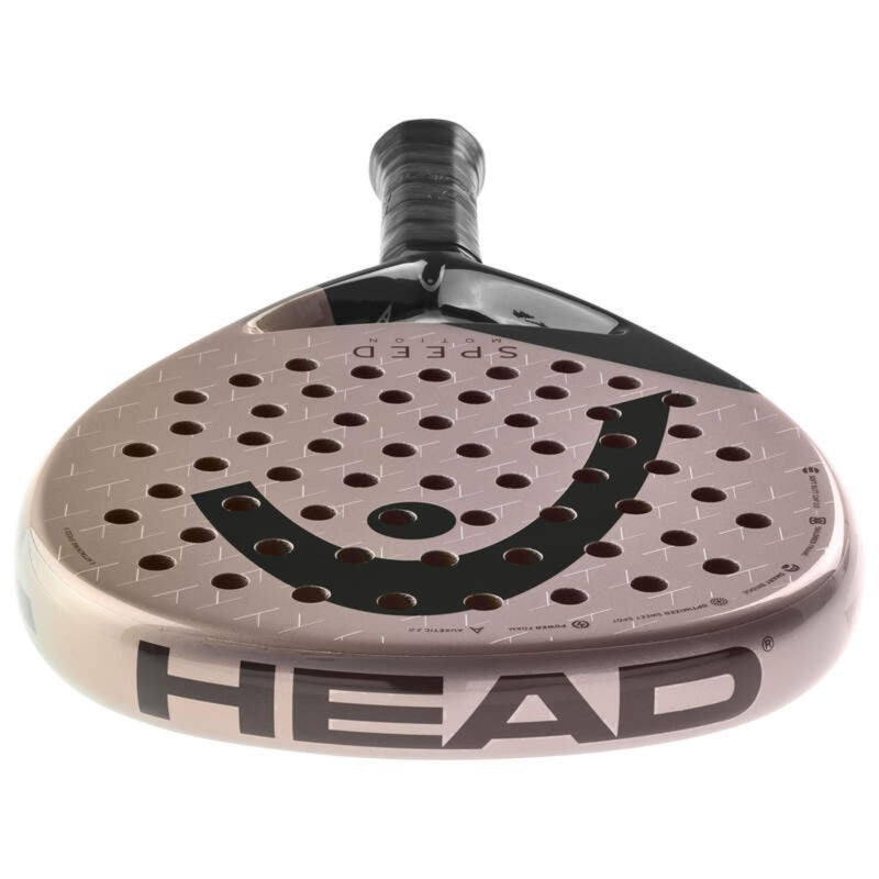 Close-up of the handle base cap of a rose-colored Head Speed padel racket with Head logo.