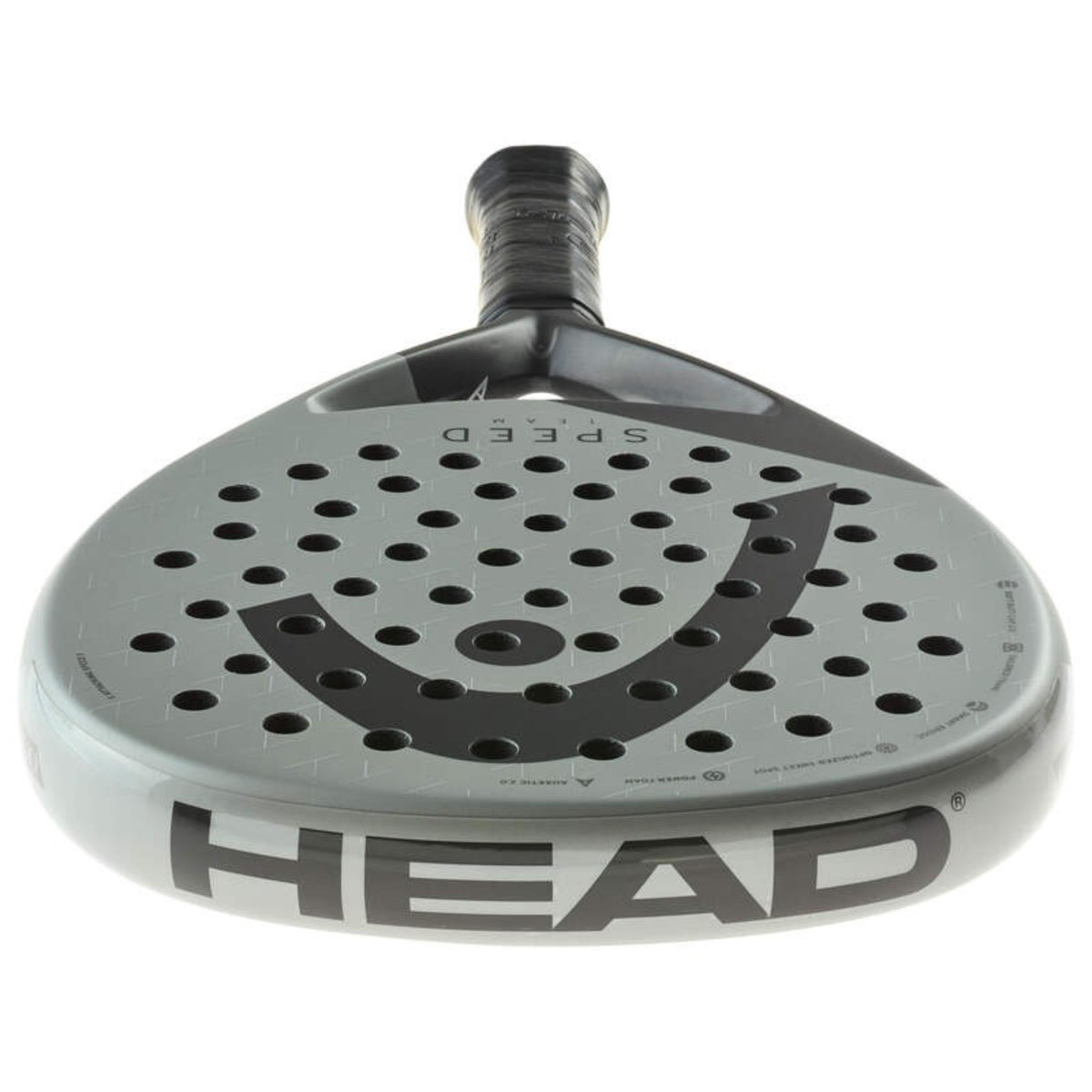 Grey HEAD Speed Team padel racket, front view on white background.