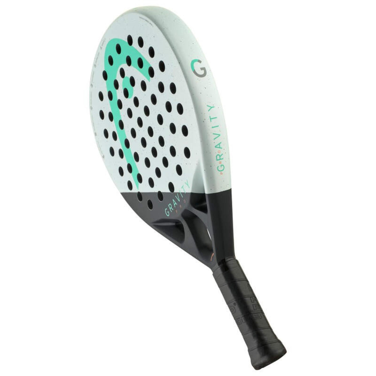 HEAD Gravity Pro padel racket angled view showing round shape, mint and black design, and textured face.