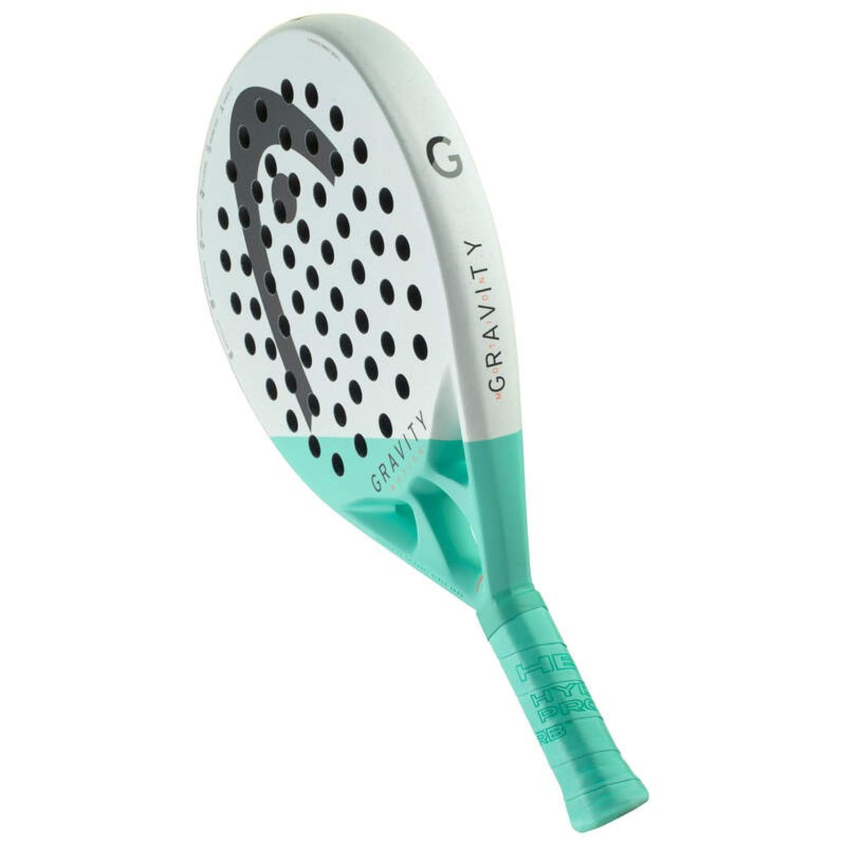 Head Gravity Pro padel racket angled view with mint green and black frame and perforated hitting surface on white background.