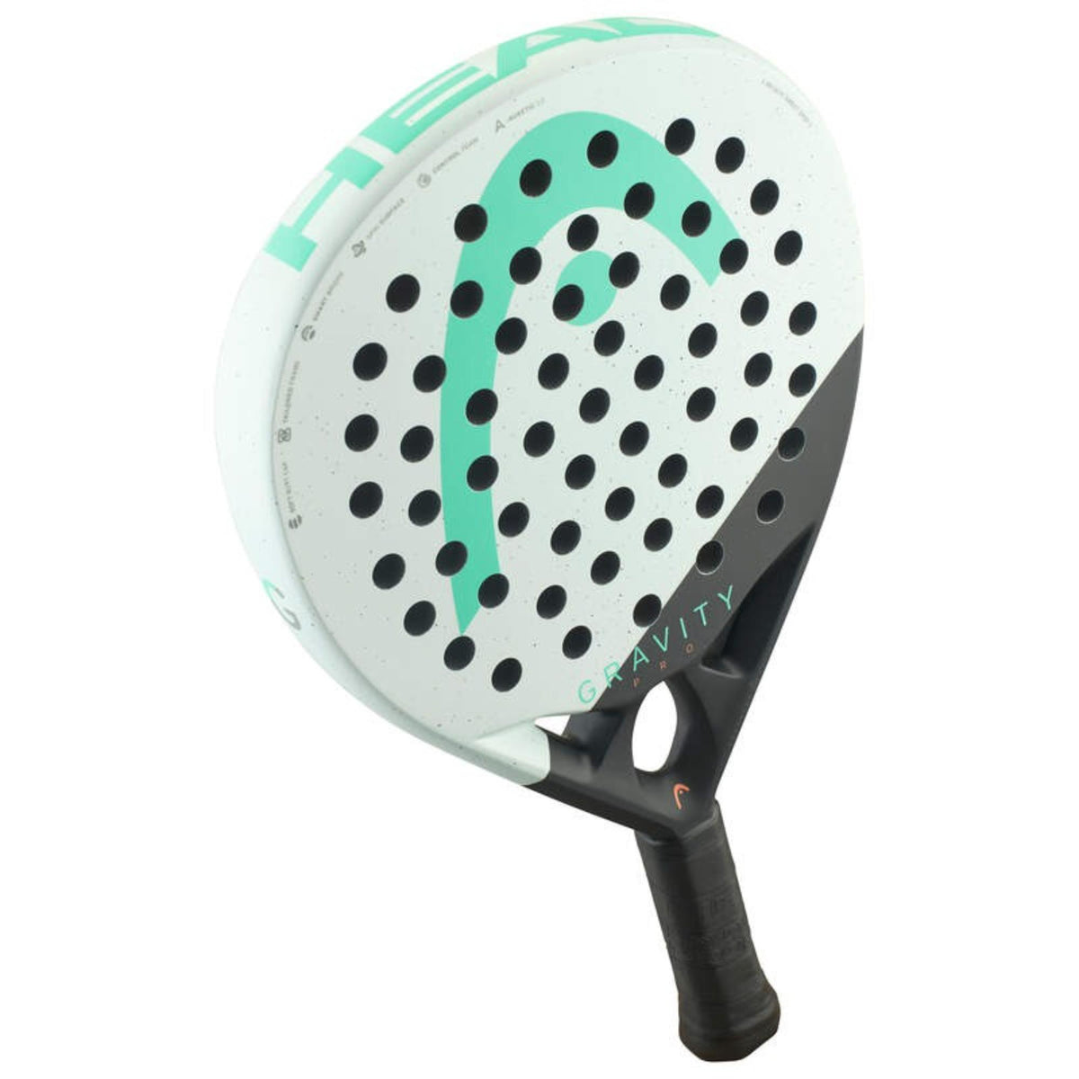 HEAD Gravity Pro padel racket angled view showing round shape, mint and black design, and textured face.